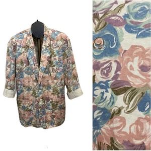 Vintage Rose Pastel Floral Cotton Shirt Jacket Blazer / Oversised Large *